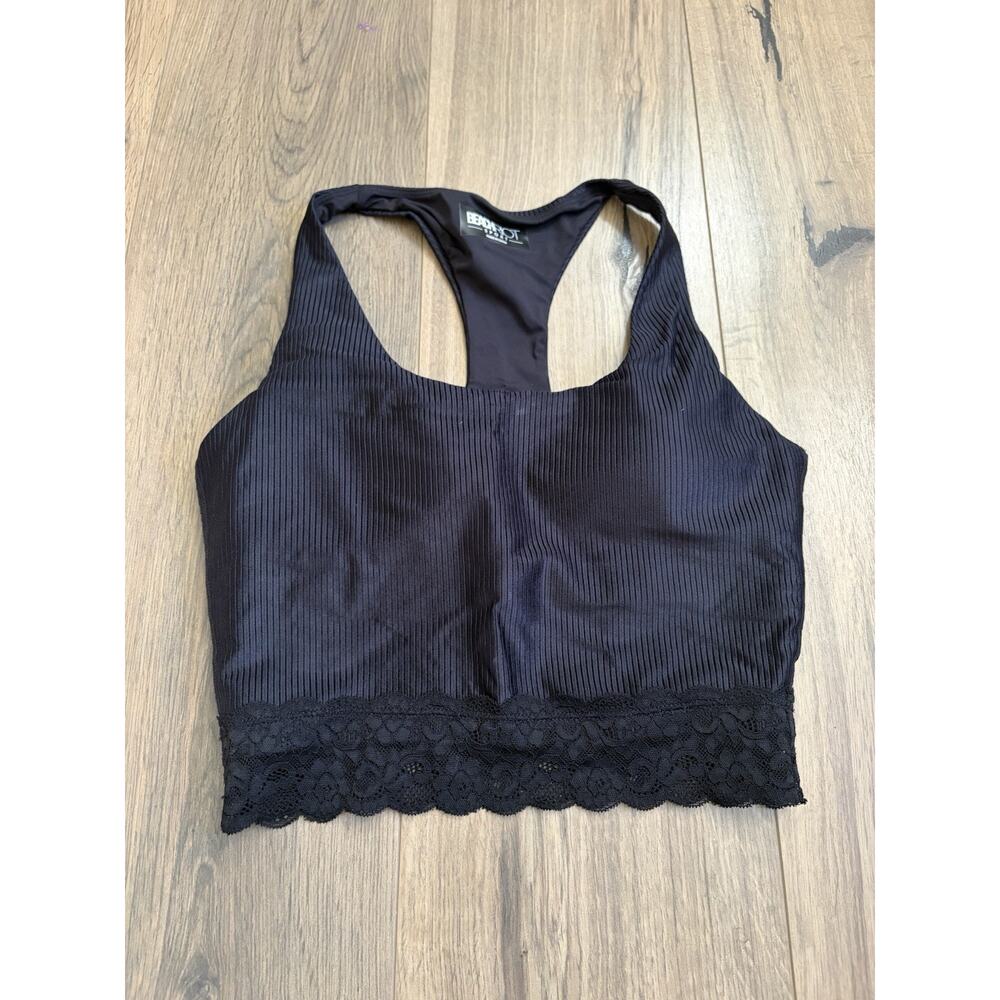 Beach Riot Sport Yara Lace Trim Rib Racerback Crop Tank Top Size Medium Black